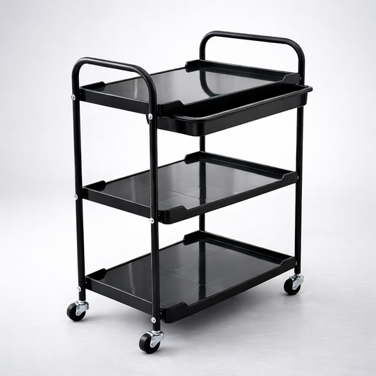 Black three-tier rolling cart on a white background