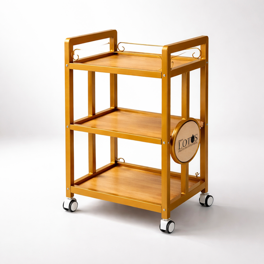 Wooden serving cart with a circular logo on a white background