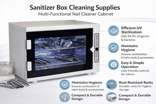 Multi-functional nail cleaner cabinet with UV sterilization features on a white background