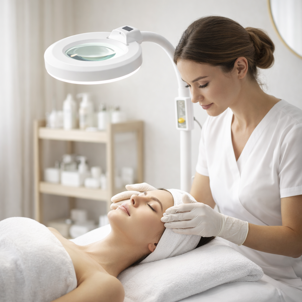 Woman receiving a facial treatment in a spa setting with a beautician using a magnifying lamp.
