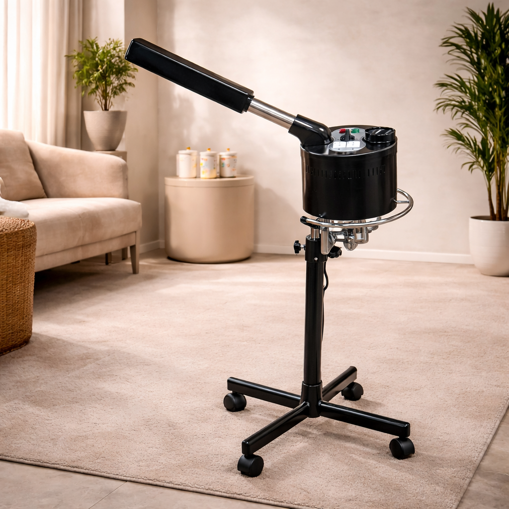 Black stand with a circular base and handle in a living room setting