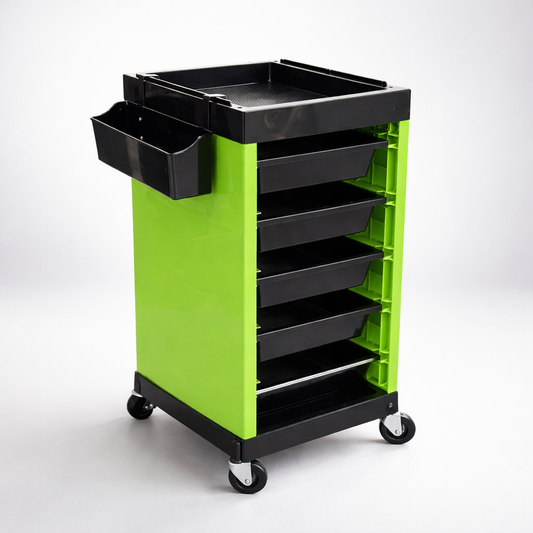 Green and black rolling cart with multiple drawers on a white background