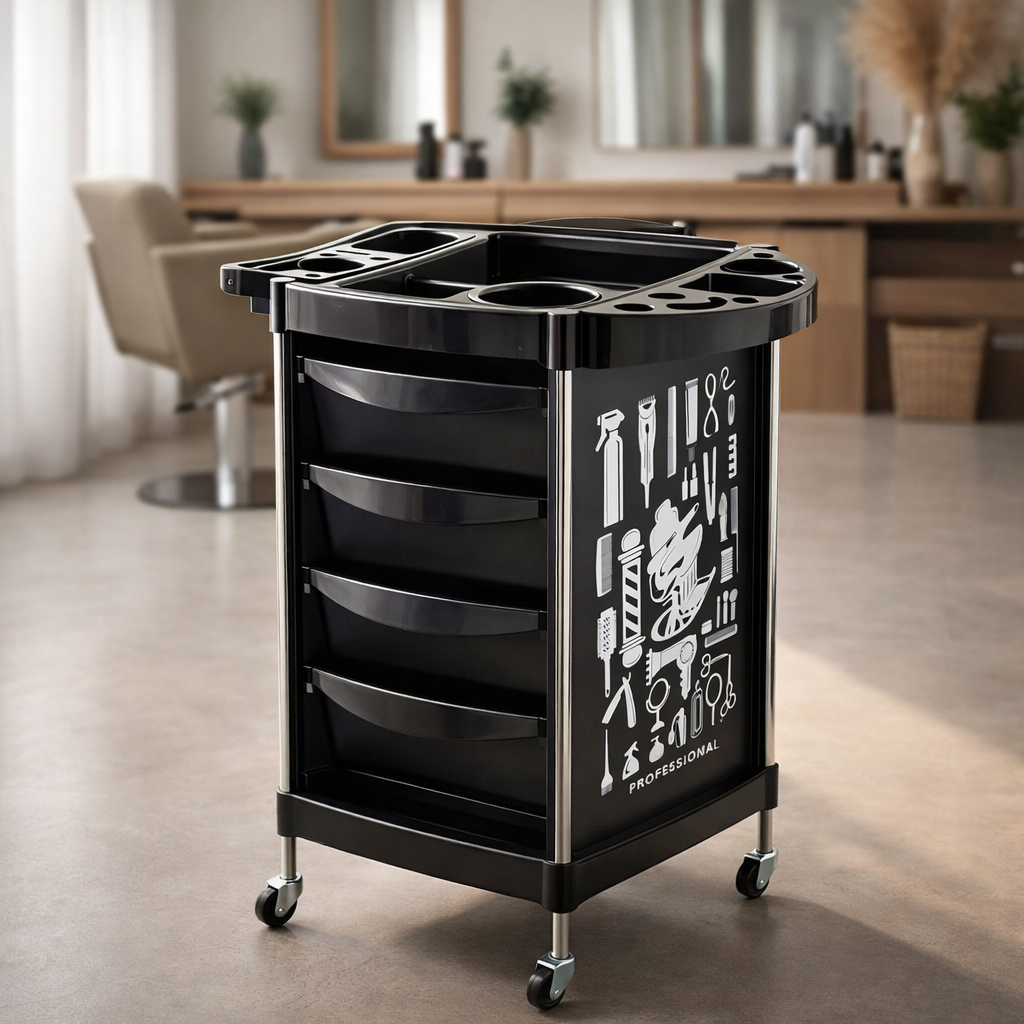 Black rolling cart with tool design in a salon setting
