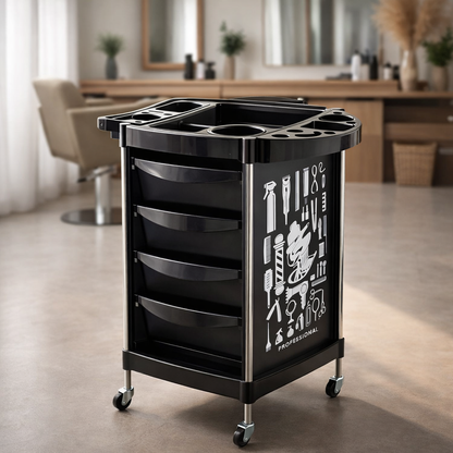 Black rolling cart with tool design in a salon setting