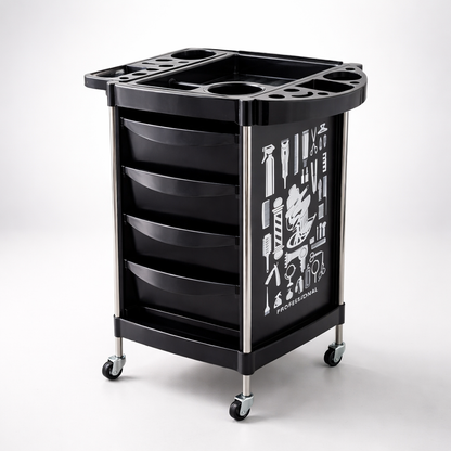 Black rolling cart with multiple compartments and tool illustrations on a white background