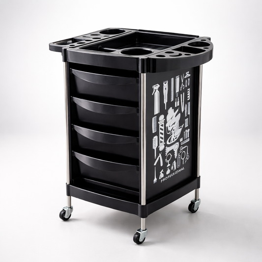 Black rolling cart with multiple compartments and tool illustrations on a white background