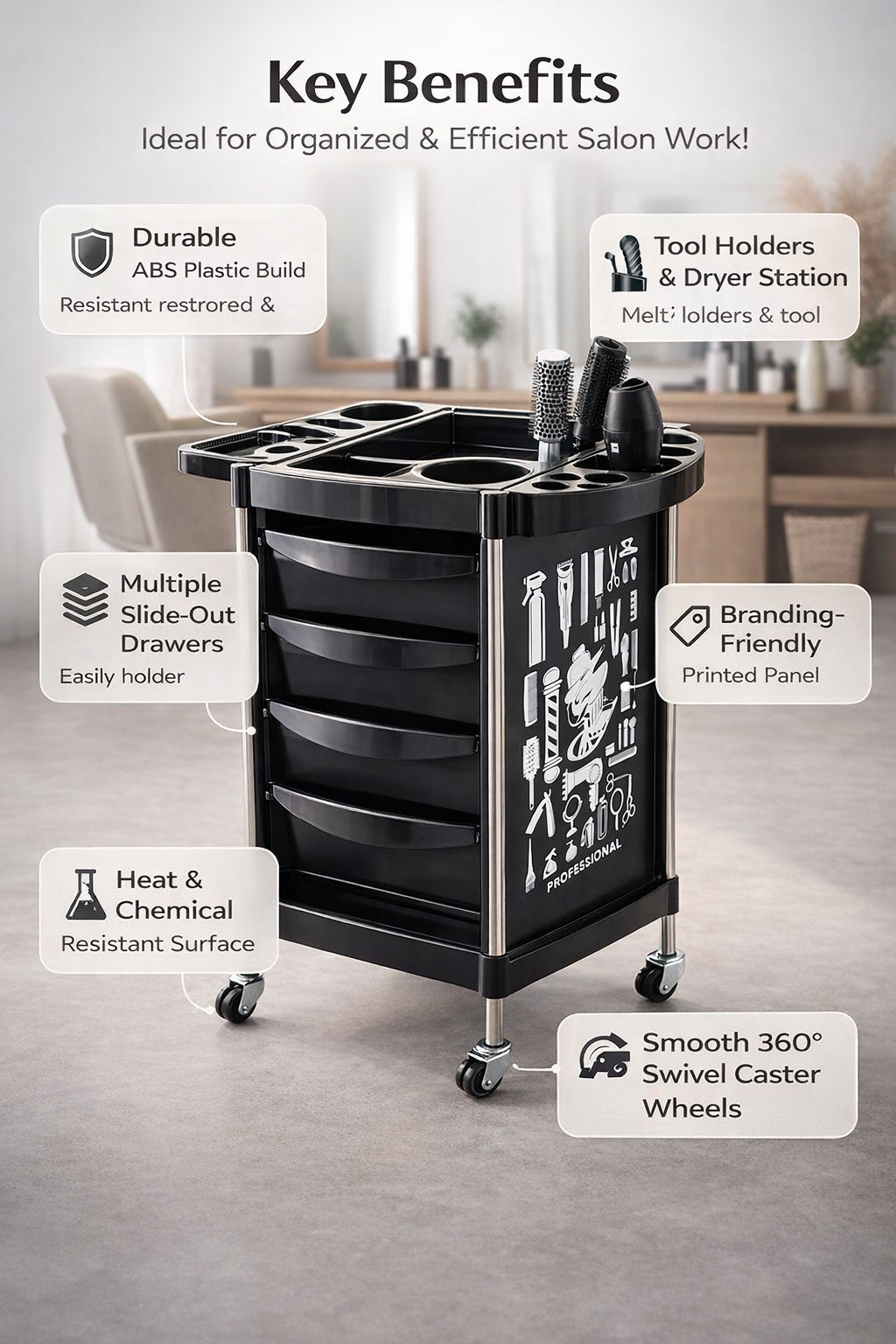 Black salon cart with multiple slide-out drawers and tool holders in a salon setting.