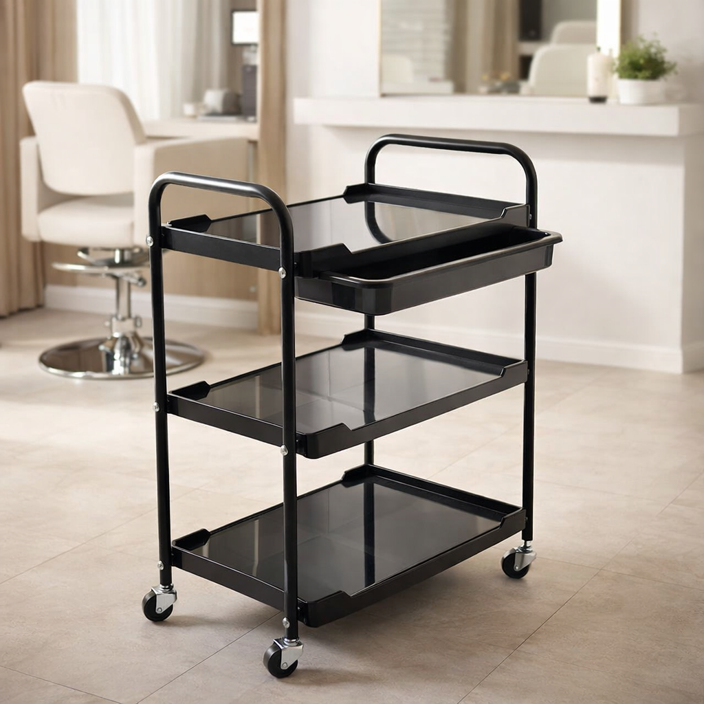 Black serving cart with three shelves in a room setting