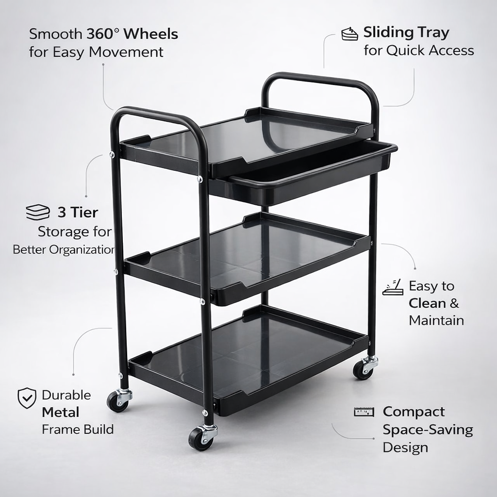 Black three-tier rolling cart with features highlighted on a white background