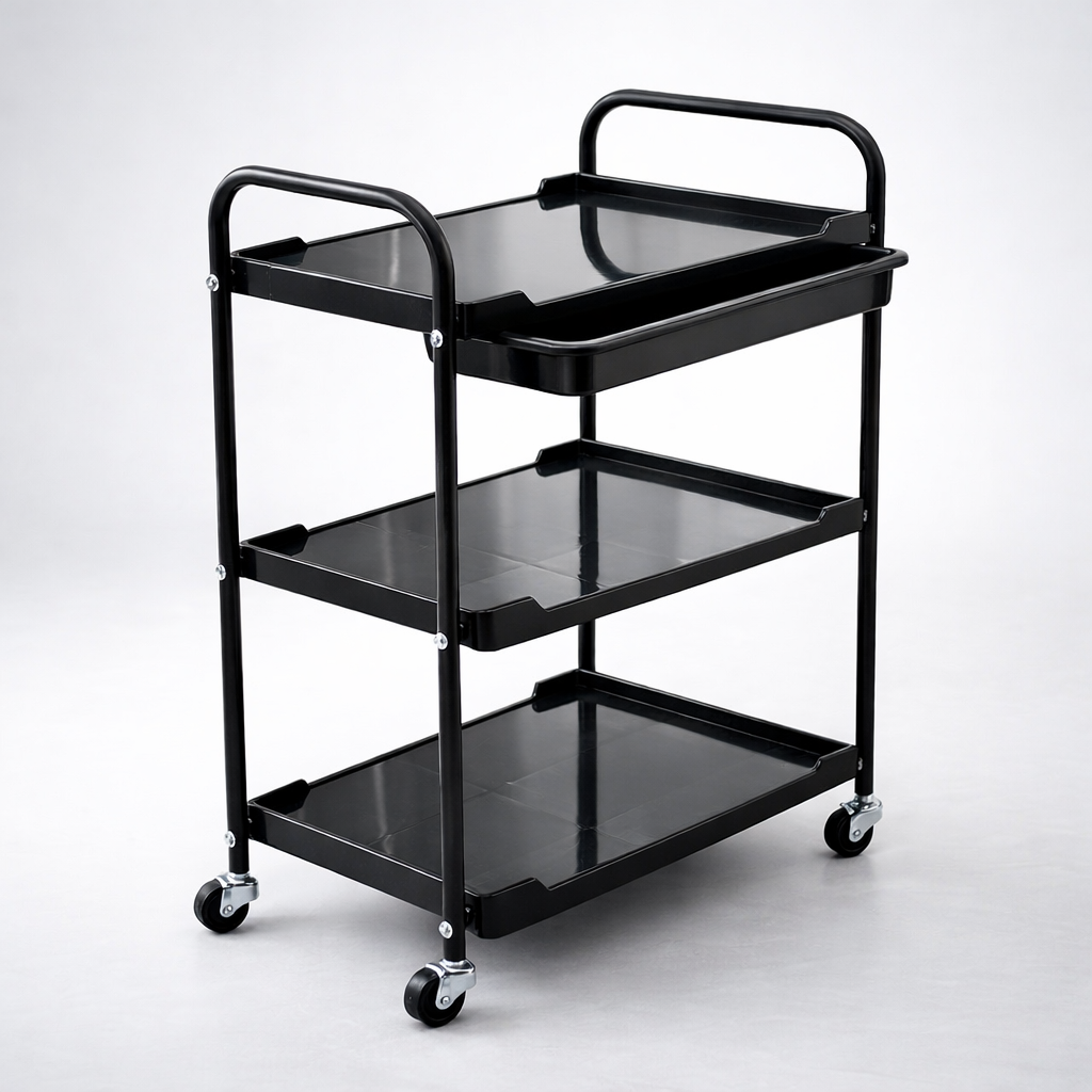 Black three-tier rolling cart on a white background