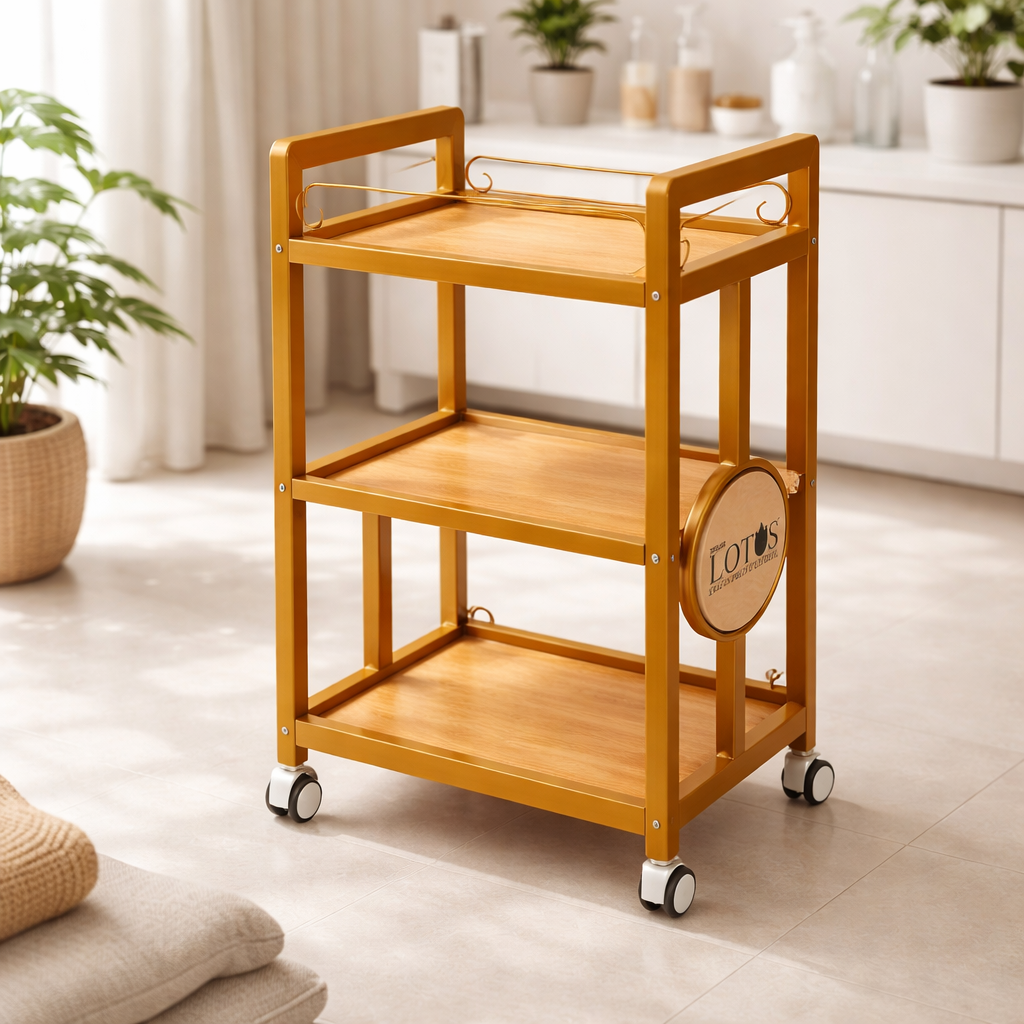 Wooden serving cart with 'LIDO' logo in a home setting