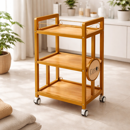 Wooden serving cart with 'LIDO' logo in a home setting
