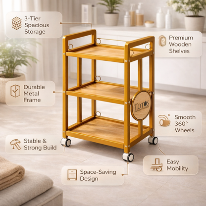 Wooden serving cart with features highlighted on a neutral background