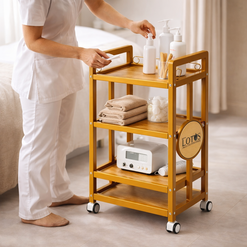 Person pushing a wooden trolley with various items in a room.