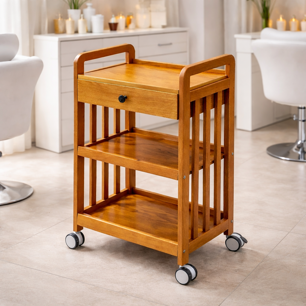 Wooden serving cart with wheels in a room setting