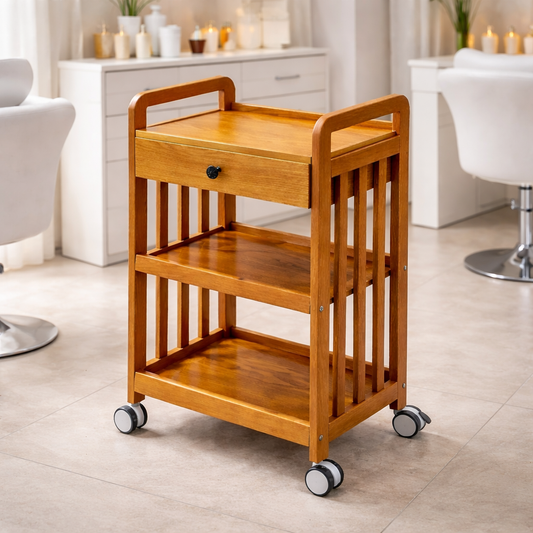 Wooden serving cart with wheels in a room setting