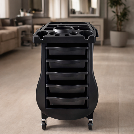 Black rolling cart with multiple compartments in a room setting