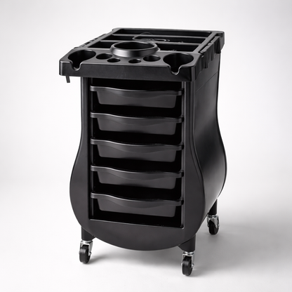 Black rolling cart with multiple compartments on a white background