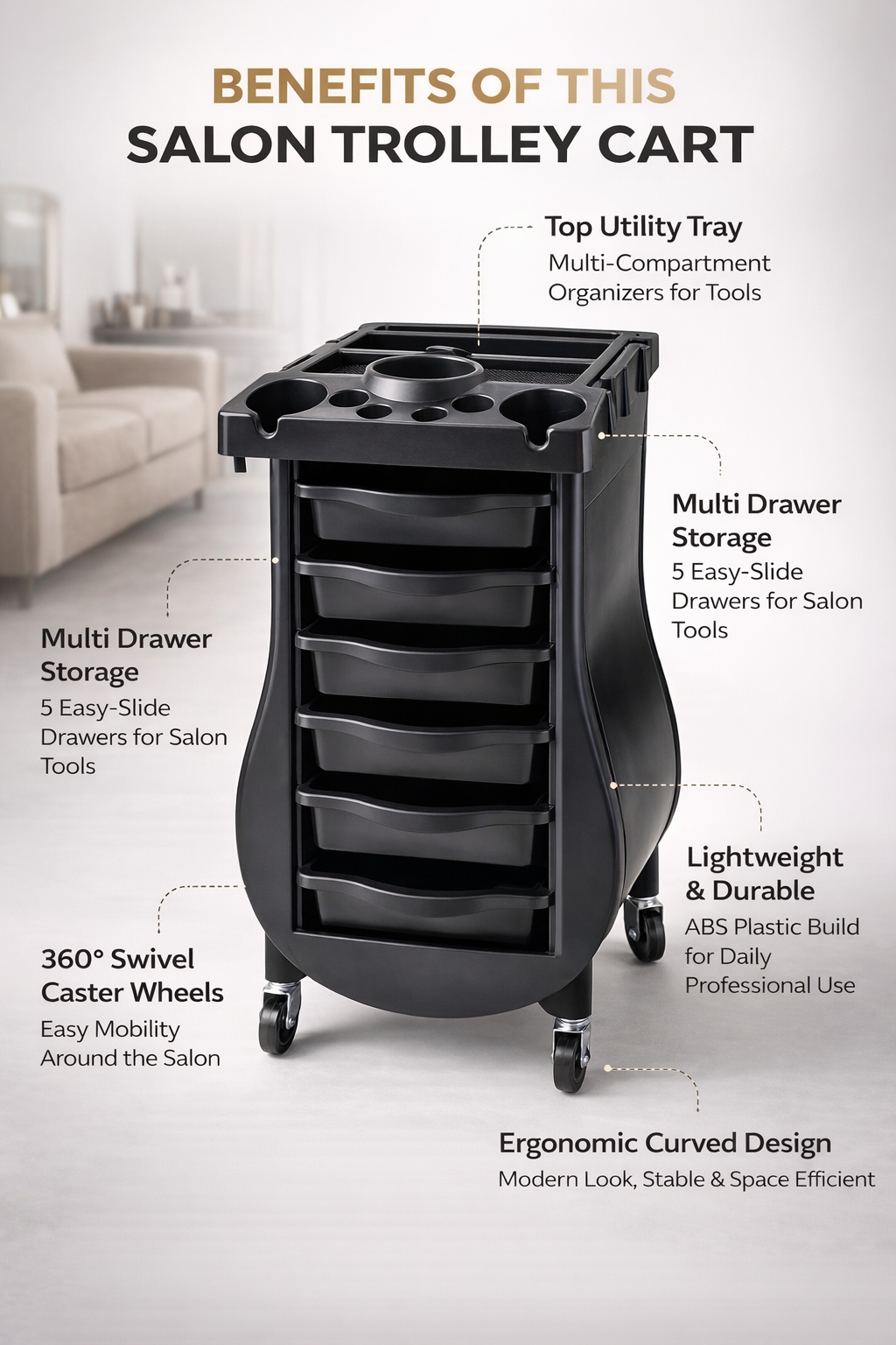 Salon trolley cart with features highlighted on a white background