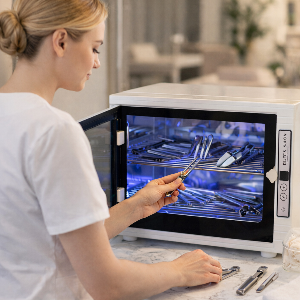 Woman using a white countertop oven to dry silverware in a kitchen setting.