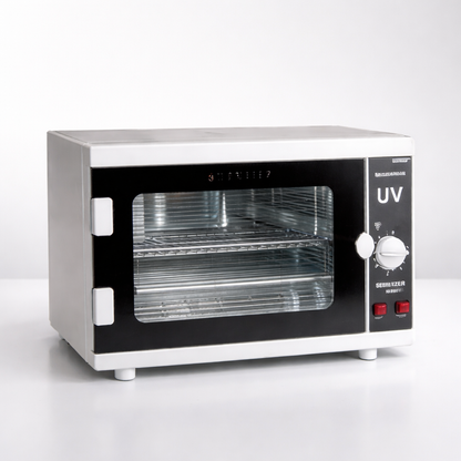 UV sterilizer with clear glass door on a white background