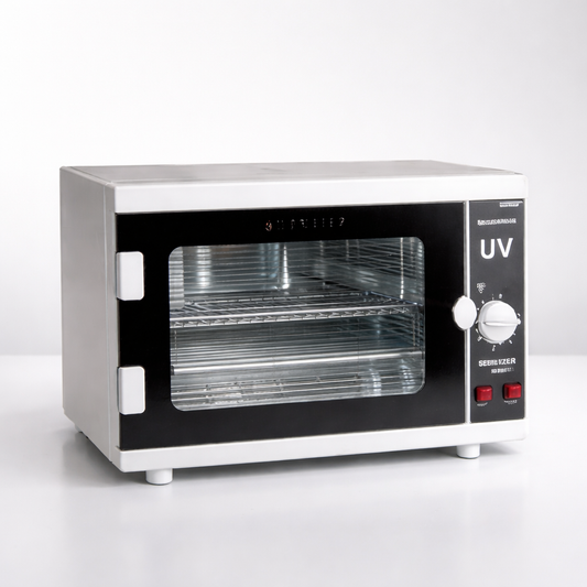 UV sterilizer with clear glass door on a white background