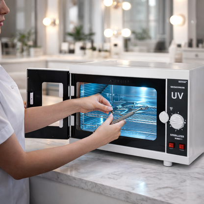 Person using a UV sterilizer on a smartphone in a modern kitchen.