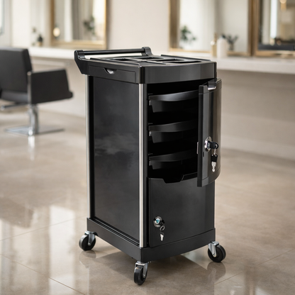 Black rolling cart with multiple drawers in a salon setting