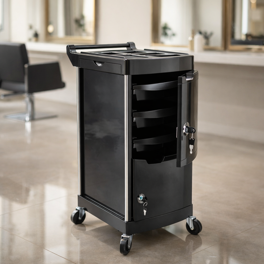 Black rolling cart with multiple drawers in a salon setting