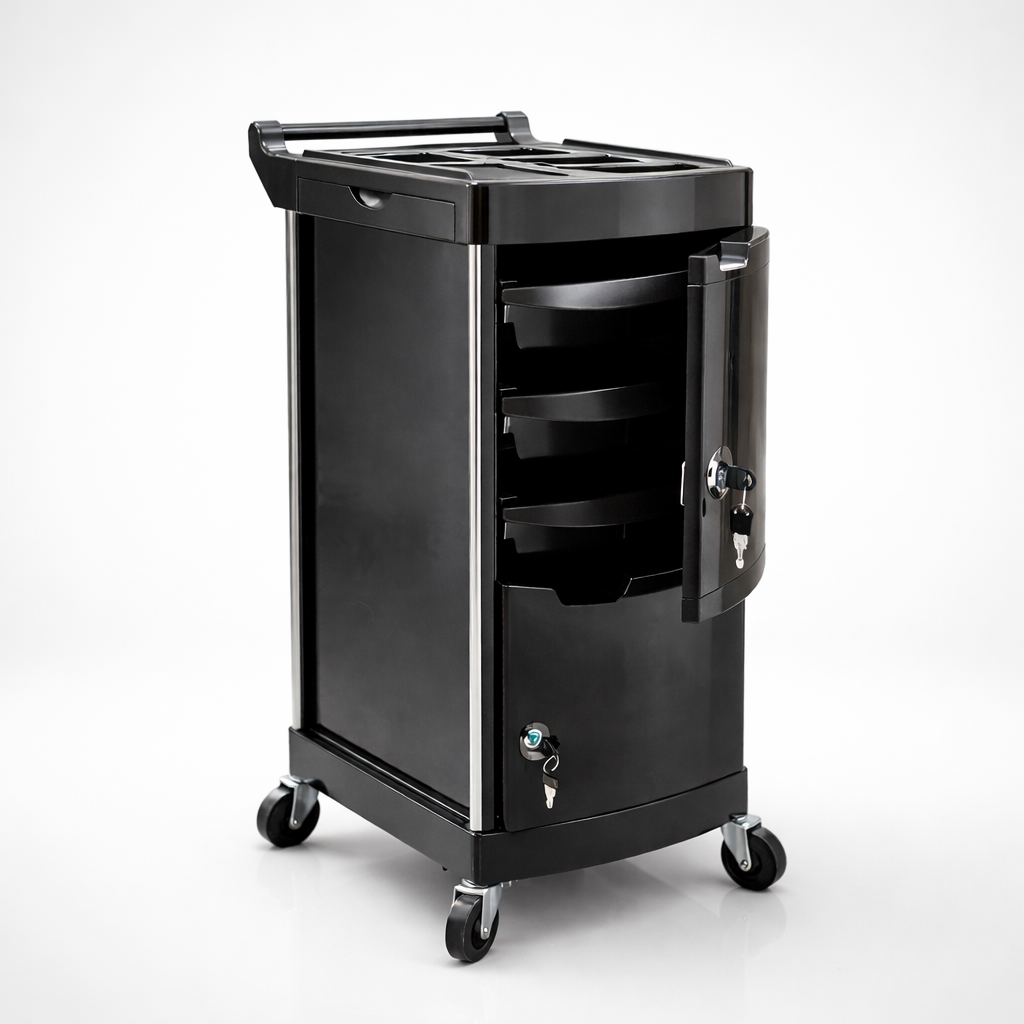 Black rolling cart with drawers on a white background