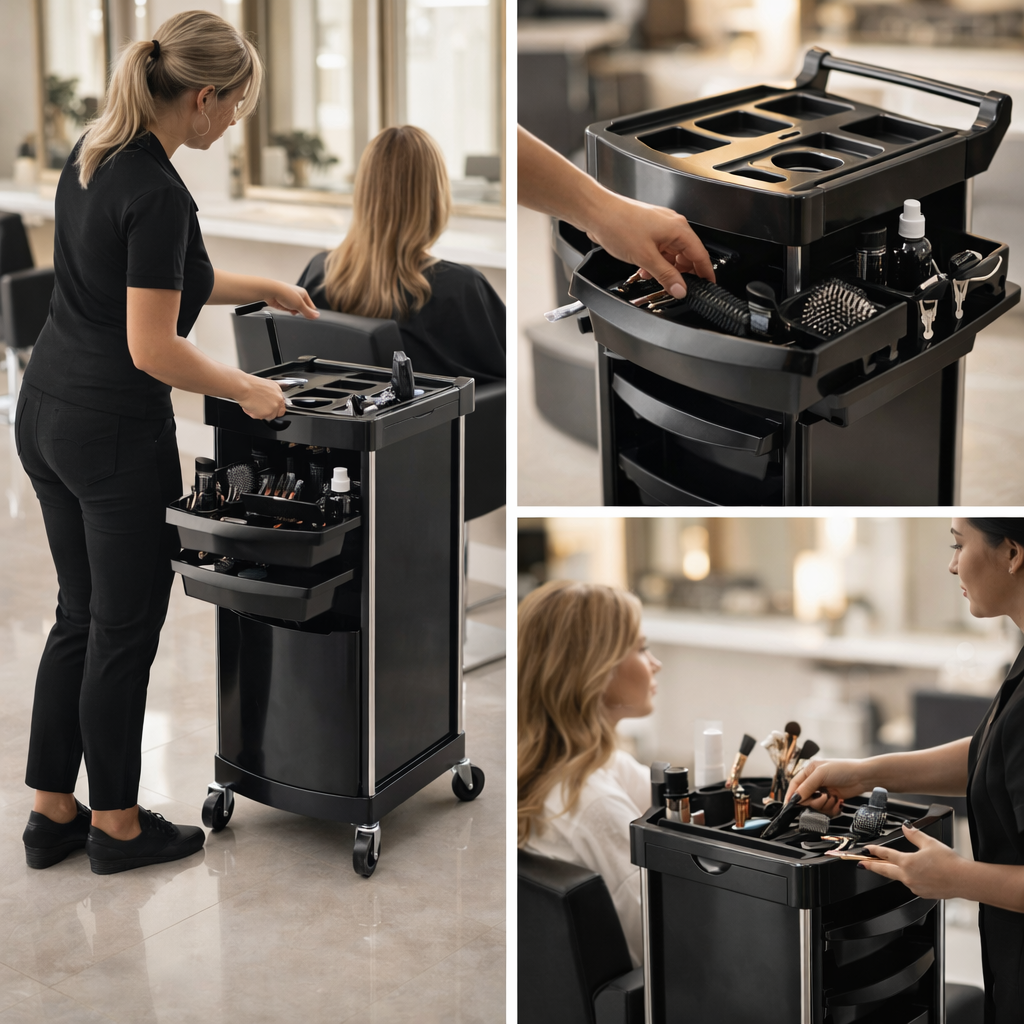 Black rolling cart with salon tools being used by a hairdresser in a salon setting.