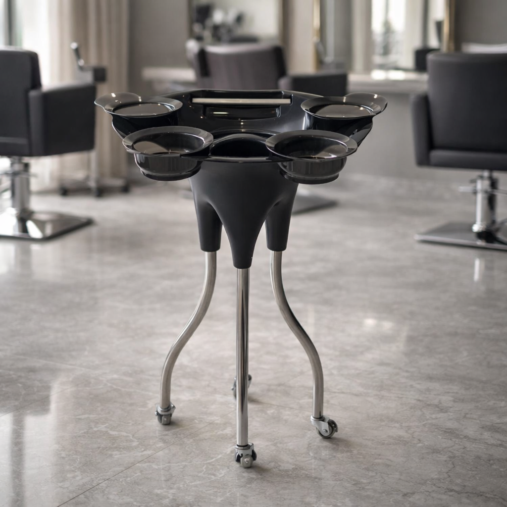 Black hair washing station with multiple basins in a salon setting