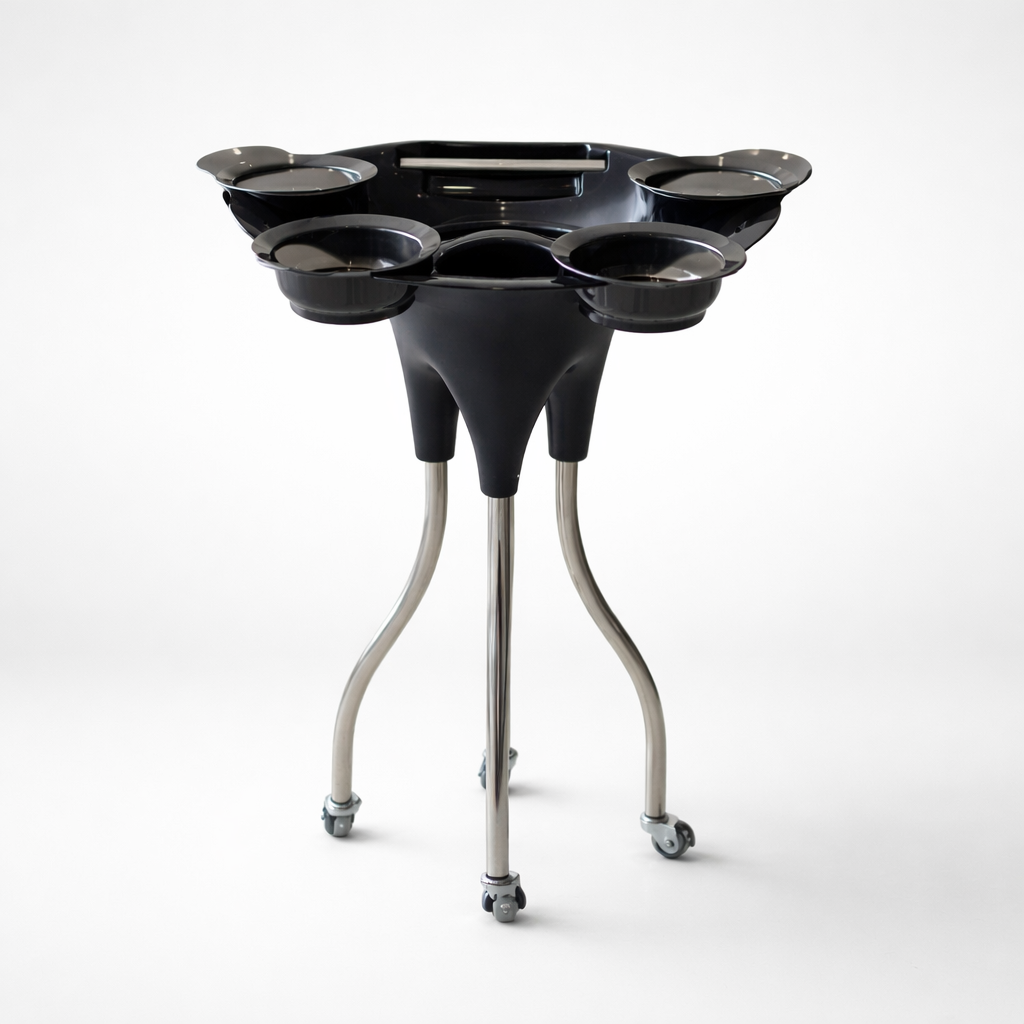 Black and silver stand with multiple bowls on a white background