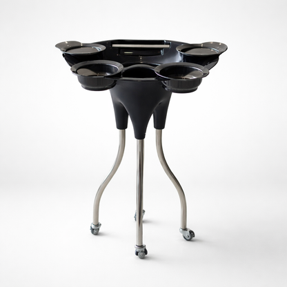 Black and silver stand with multiple bowls on a white background