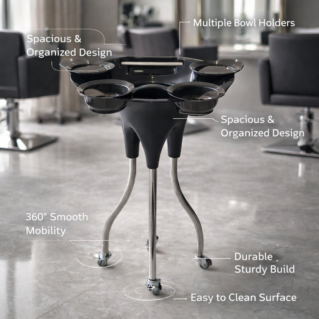 Black salon styling table with features highlighted in a salon setting