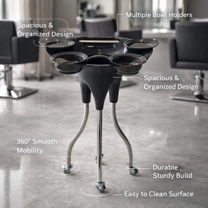 Black salon styling table with features highlighted in a salon setting