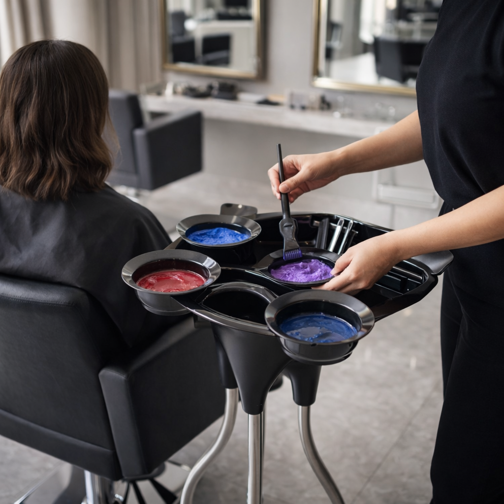 Person at a hair salon with a color mixing station and dye bowls.