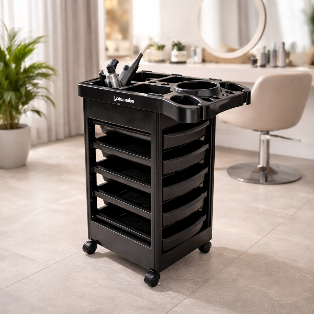 Black salon cart with storage compartments in a salon setting