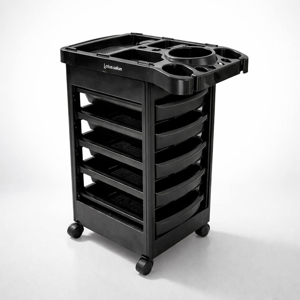 Black salon cart with multiple compartments on a white background