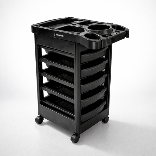 Black salon cart with multiple compartments on a white background