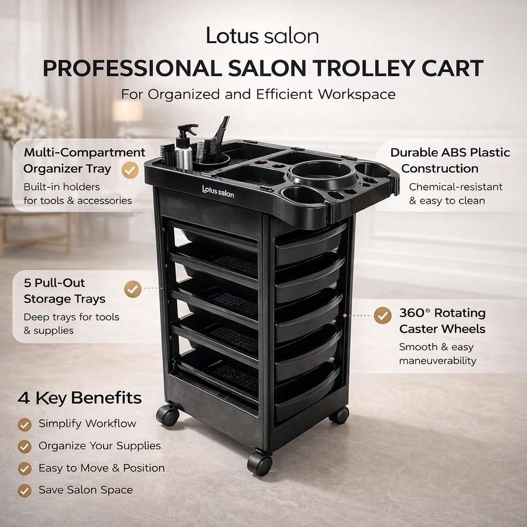 Lotus salon professional salon trolley cart with features and benefits highlighted