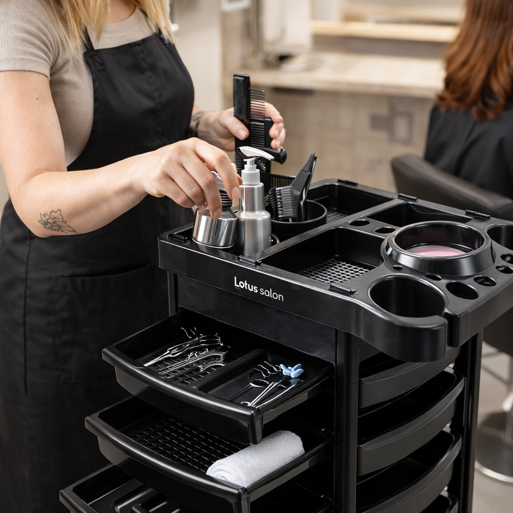 Person using a black Lotus salon cart with various tools and products in a salon setting.