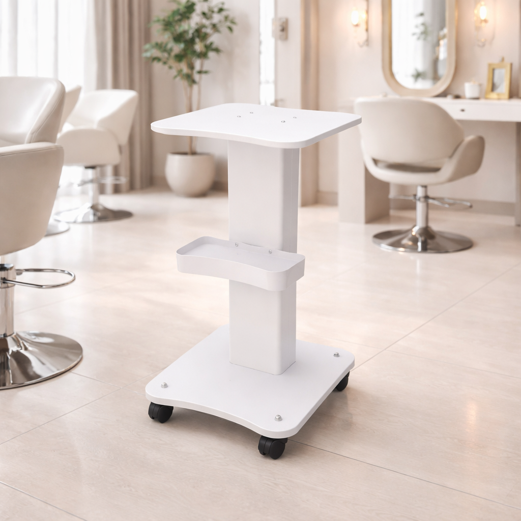 White rolling cart in a salon setting with chairs and mirrors.