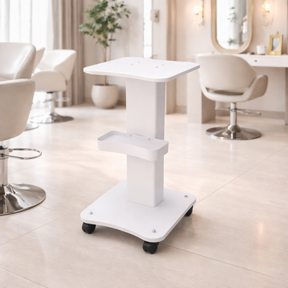 White rolling cart in a salon setting with chairs and mirrors.
