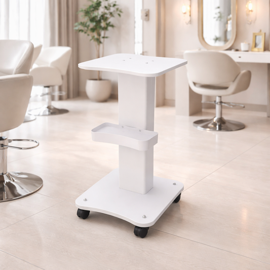 White rolling cart in a salon setting with chairs and mirrors.