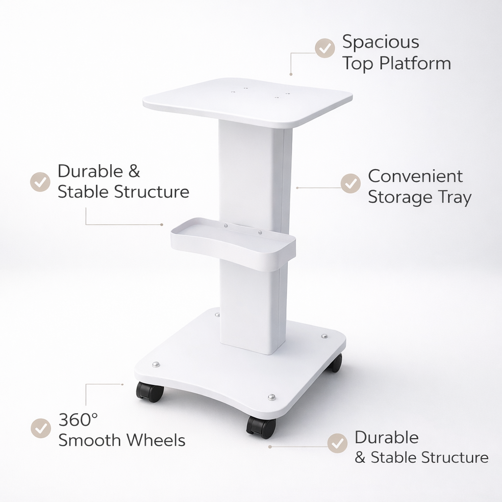 White rolling cart with features highlighted on a white background
