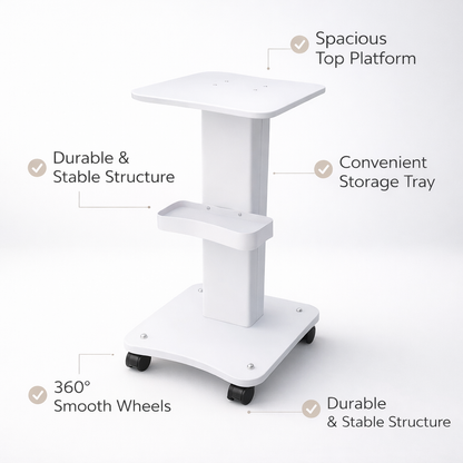 White rolling cart with features highlighted on a white background
