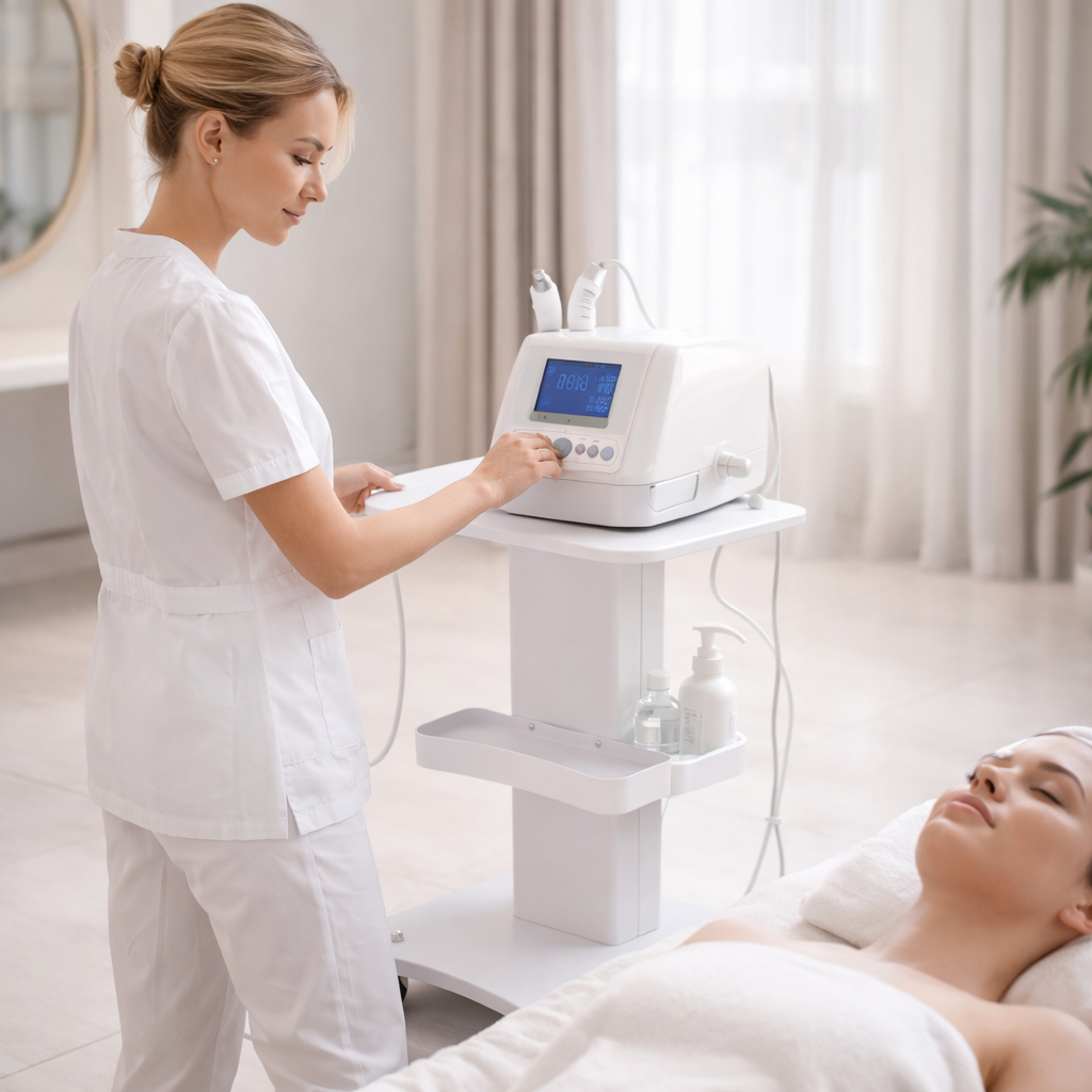 Woman receiving a facial treatment with a skincare machine in a spa setting.