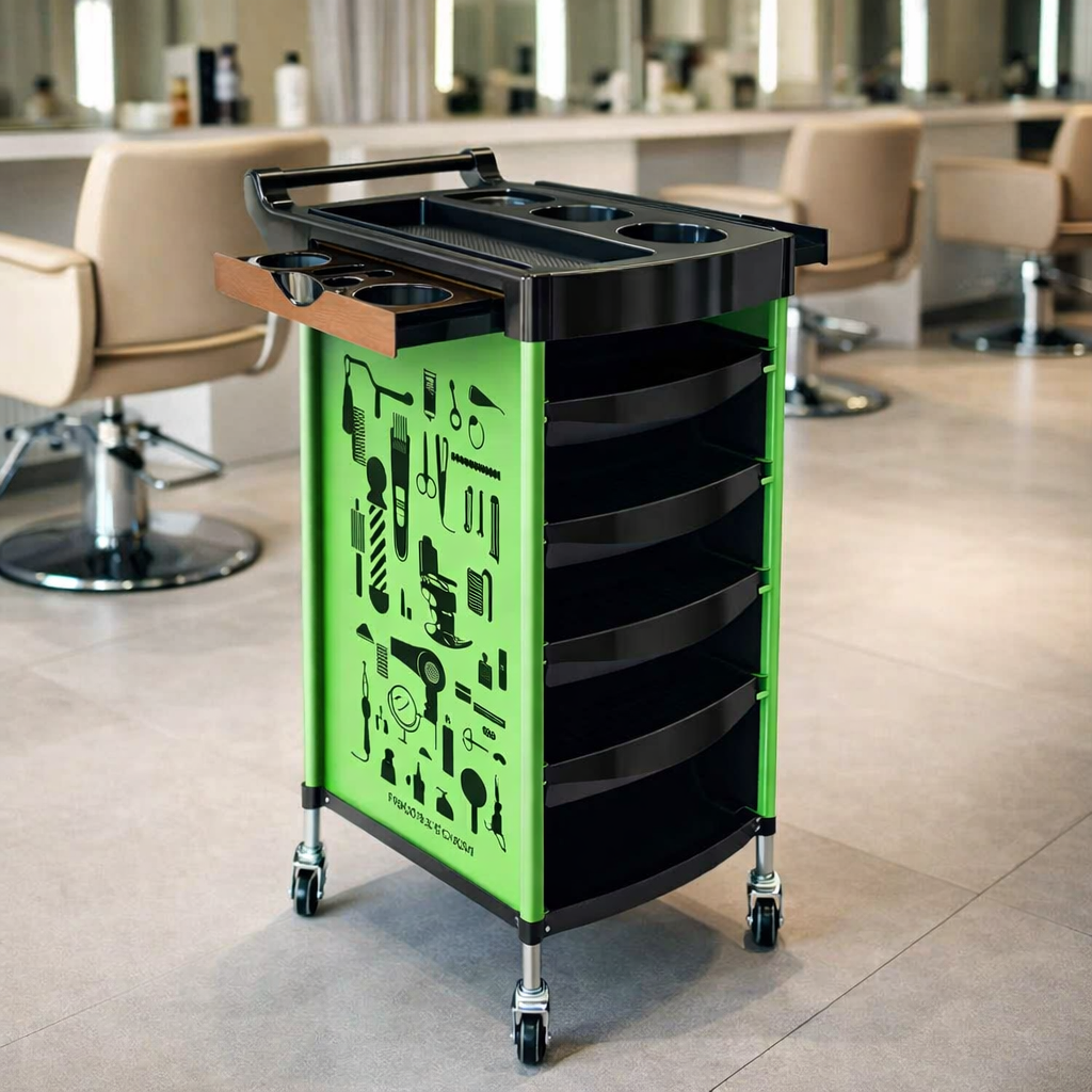 Green and black rolling cart with salon tools in a hair salon setting
