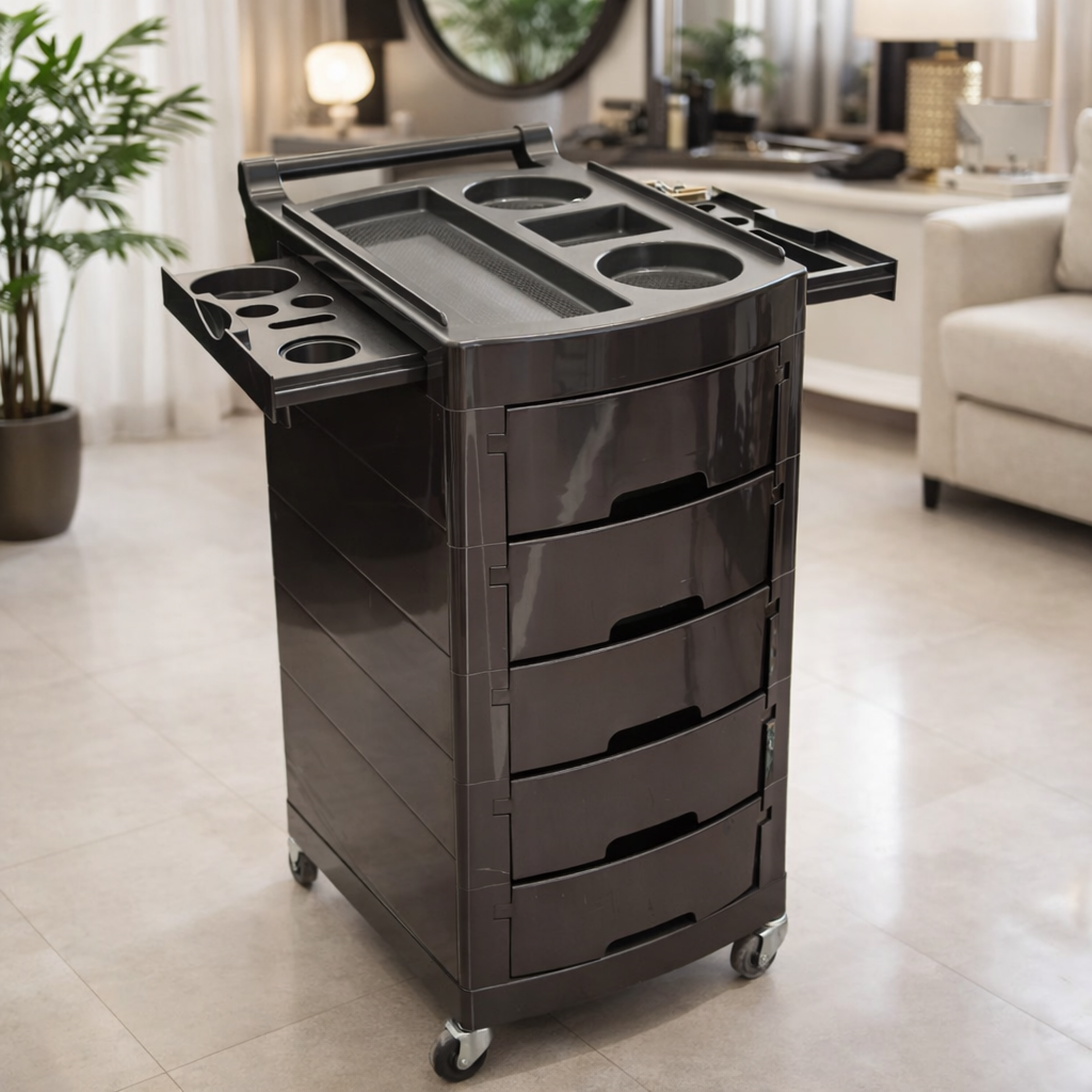 Black rolling cart with multiple compartments and drawers in a living room setting.